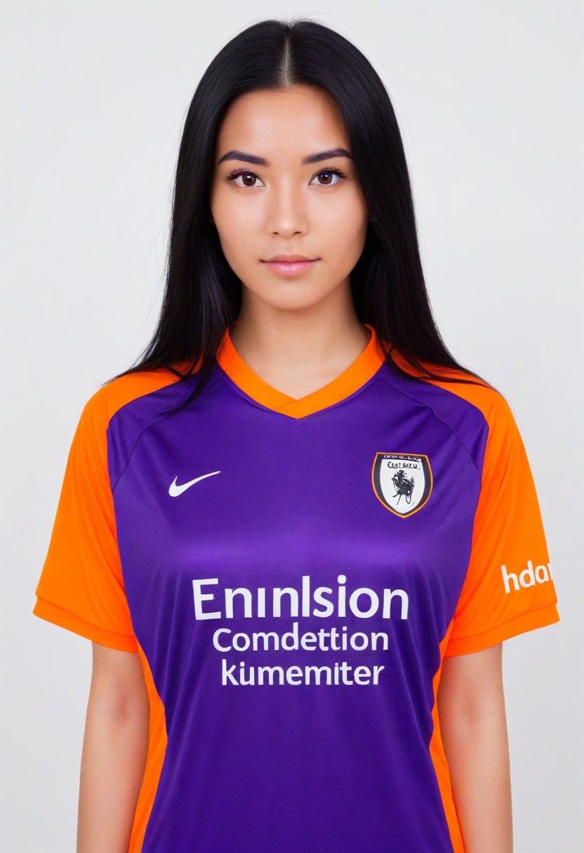 photo of a girl with long black hime cut hair, pretty face, looking at viewer. simple background, white background.
(wearing soccer_jersey, purple theme, orange theme, english text).
