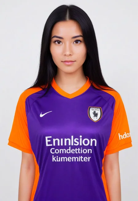photo of a girl with long black hime cut hair, pretty face, looking at viewer. simple background, white background.
(wearing soccer_jersey, purple theme, orange theme, english text).