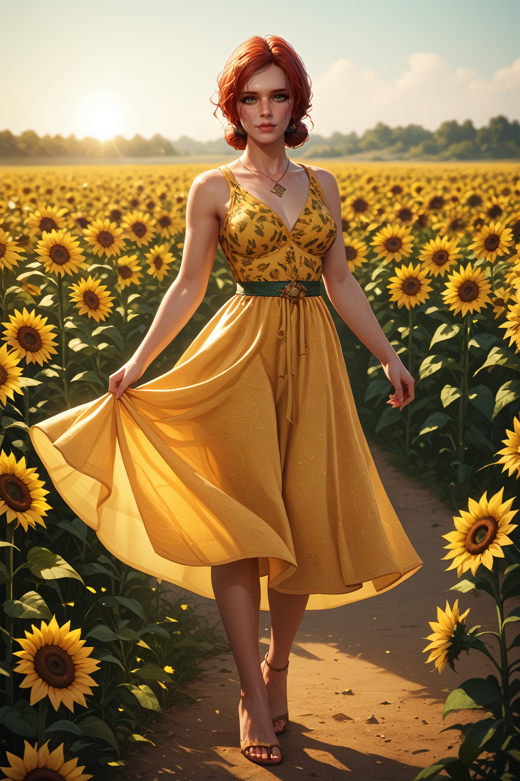 score_9, score_8_up, score_7_up,
<lora:TW3Triss:0.8>
TW3Triss, 1girl, red hair, green eyes, looking at viewer, sunny, solo, full body, sunflower field, summer dress, carefree pose, bright lighting, cheerful atmosphere