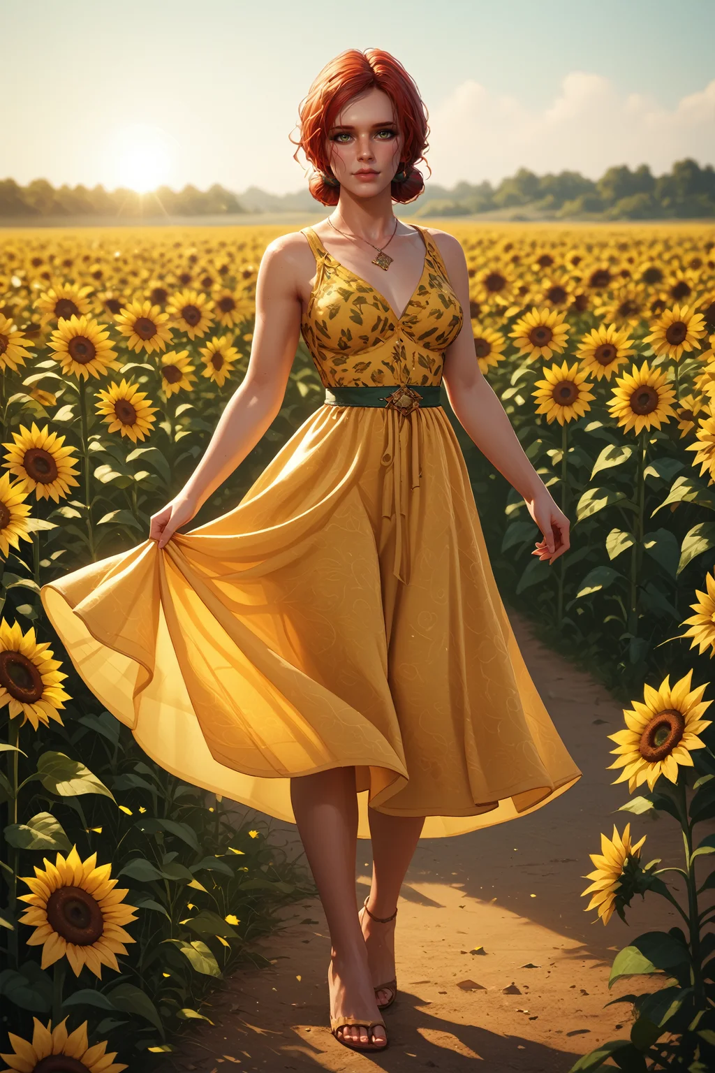 score_9, score_8_up, score_7_up,
<lora:TW3Triss:0.8>
TW3Triss, 1girl, red hair, green eyes, looking at viewer, sunny, solo, full body, sunflower field, summer dress, carefree pose, bright lighting, cheerful atmosphere