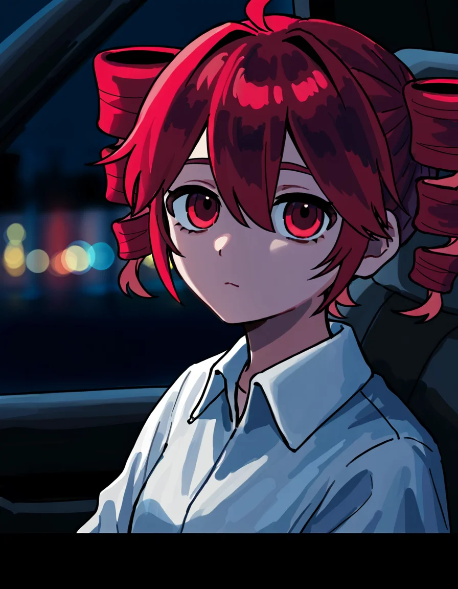1girl, solo, kasane teto, red eyes, collared shirt, looking at viewer, expressionless, white shirt, sitting, blurry, blurry background, night, depth of field, car, bokeh, car interior, <lora:iwonu_Noise_Injection:0.8>