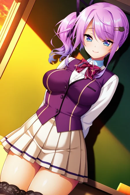(masterpiece, best quality, game cg,highly_detailed,extremely_detailed_CG_unity_8k_wallpaper,illustration,highres,absurdres:1.2),1girl,solo, <lora:Kirari_Kusakabe-IL:1> violet hair,gradient hair,blue eyes,hair ribbon,cat hair ornaments,side ponytail,bow,school uniform,purple vest,pleated skirt,thigh-high stockings,cowboy shot,classroom,dutch angle,sunset,dusk,smiling,class board