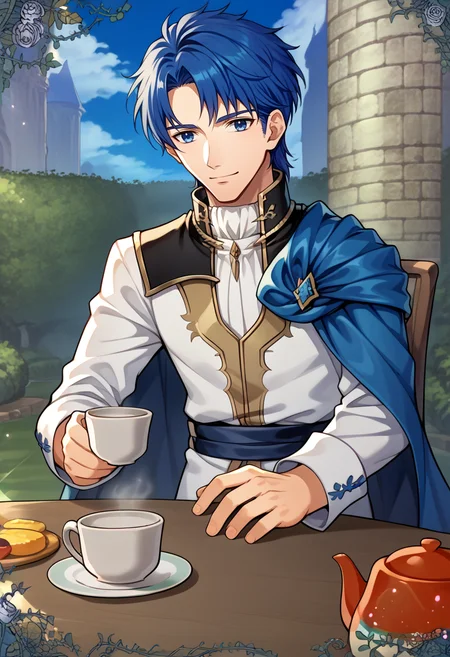 score_9, score_8_up, score_7_up, source_anime, BREAK, solo, 1boy, smile, looking at viewer, <lora:Sigurd-pdxl_Fp:1>, sigurdfe4, blue eyes, blue hair, short hair, white coat, white pants, collar, armor, blue cape, long sleeves, <lora:Teatime-pdxl_Fp:1>, teatime, table, food, cup, teacup, teapot, outdoors, sky, holding cup, sitting, chair,