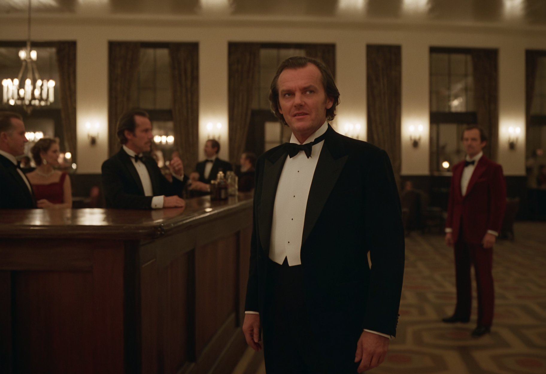 ballroom, bar, people, Jack Torrance, indoors, Overlook Hotel, CineShining, highly detailed, 4K, (stylish grainy analog 35mm film photo)