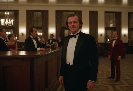 ballroom, bar, people, Jack Torrance, indoors, Overlook Hotel, CineShining, highly detailed, 4K, (stylish grainy analog 35mm film photo)