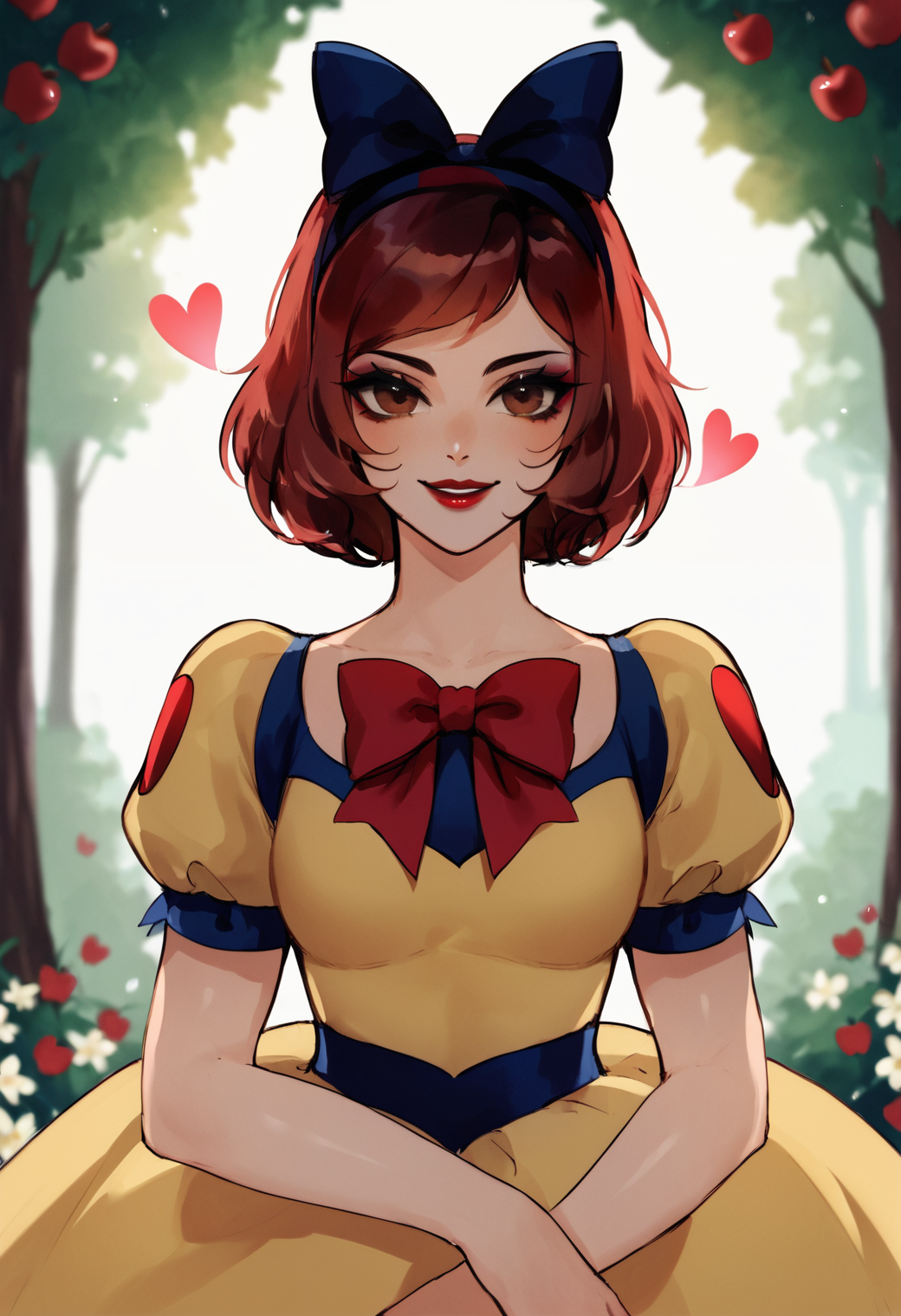 sexy girl, 1girl, Snow White, 20 years old, face close up, half body portrait, short black hair, big brown eyes, makeup, red lipstick, red hair bow, modest smile, modest look, seducing viewer, hearts, posing, sexy pose, solo, blue and yellow royal dress,puffy_sleeves, short_sleeves, hairband, large saggy boobs, fantasy forest, apple tree, submission, flowers, sun light, cinematic lightings,<lora:bladechan28:1>, BREAK (score_9, score_8_up, score_7_up),