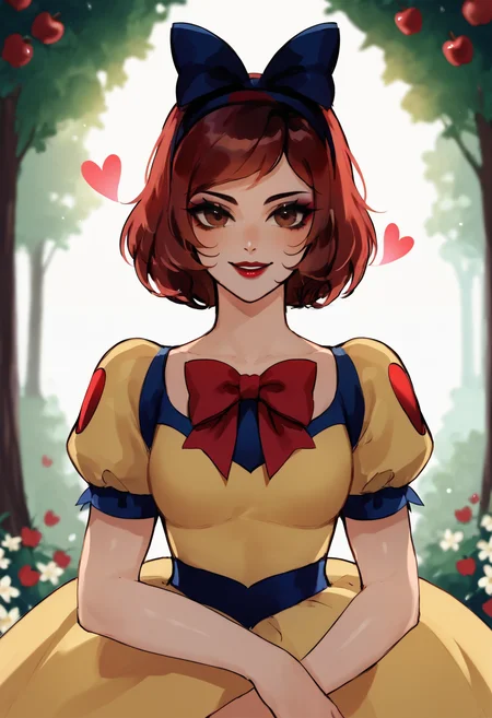sexy girl, 1girl, Snow White, 20 years old, face close up, half body portrait, short black hair, big brown eyes, makeup, red lipstick, red hair bow, modest smile, modest look, seducing viewer, hearts, posing, sexy pose, solo, blue and yellow royal dress,puffy_sleeves, short_sleeves, hairband, large saggy boobs, fantasy forest, apple tree, submission, flowers, sun light, cinematic lightings,<lora:bladechan28:1>, BREAK (score_9, score_8_up, score_7_up),