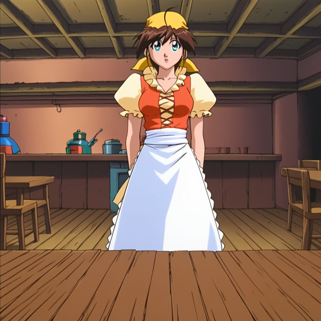 Masterpiece, best quality, 1girl, Mei delgado, brown hair, ahoge, apron, puff sleeves, cyan eyed, breasts, bandana