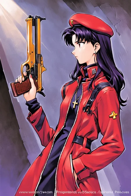 katsuragi misato,1girl,jewelry,weapon,gun,solo,hat,earrings,handgun,holding,long hair,stud earrings,holding weapon,jacket,open clothes,necklace,profile,open jacket,long sleeves,red jacket,holding gun,bangs,beret,zipper,closed mouth,purple hair,cross,black hair,turtleneck,parted bangs,upper body,web address,dress,watermark,from side,finger on trigger,fingernails,unzipped,trigger discipline,looking away,cross necklace,red headwear,uniform,cowboy shot,dutch angle,<lora:Sadamoto Yoshiyuki_XL_kohaku:0.8>,
