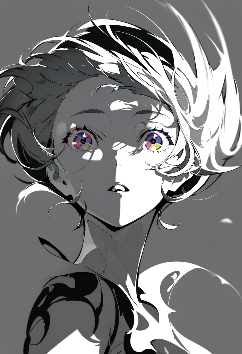 masterpiece, best quality, <lora:yoneyamaiXL_ANI31_lokr_V4302:0.95>  solo, 1girl, portrait, multicolored eyes, spot color, short hair, monochrome, grey background, shadow, floating hair, open mouth, parted lips, looking at viewer, greyscale, simple background, eyelashes, purple eyes, wind, blue eyes