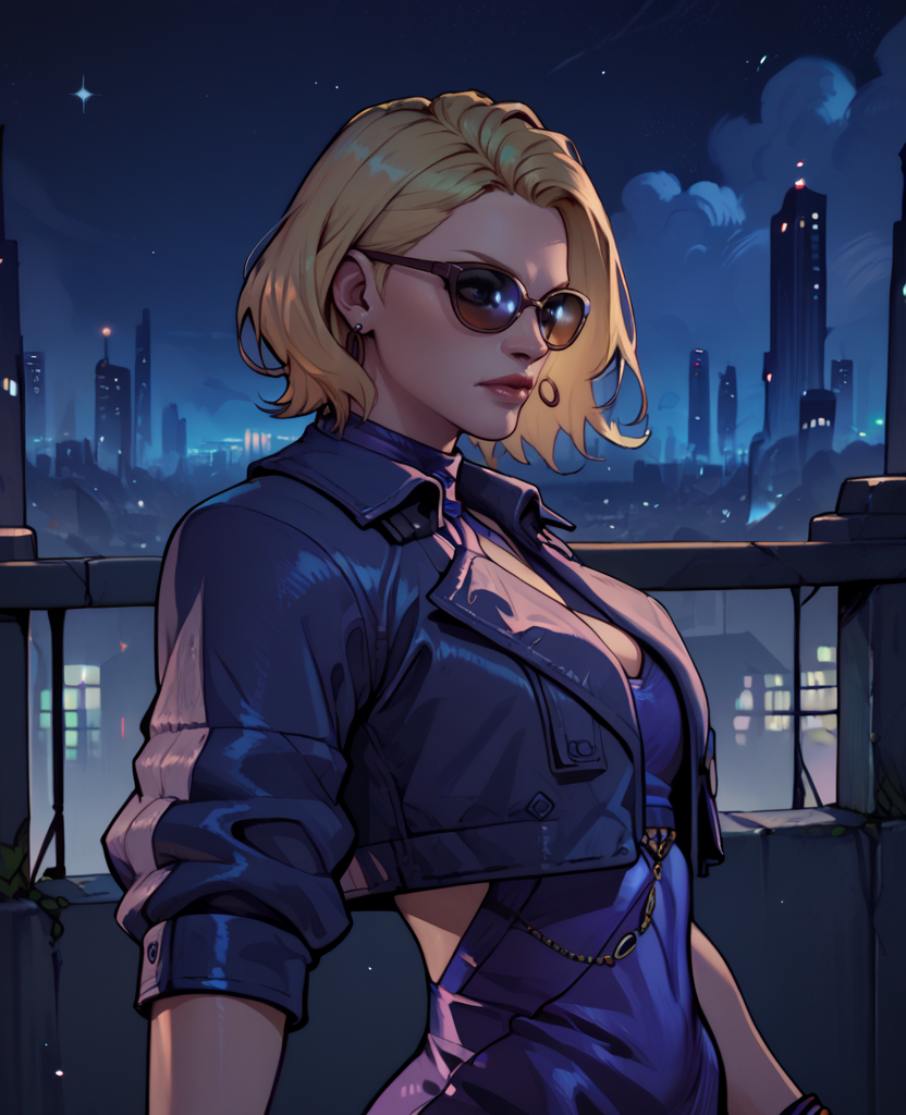 score_9,score_8_up,score_7_up,score_6_up,
ninawxl,blonde hair,sunglasses,medium hair,earrings,
purple dress,cropped jacket, 
standing,
night,cityscape,<lora:NinaWT8pXL-11:0.9>,