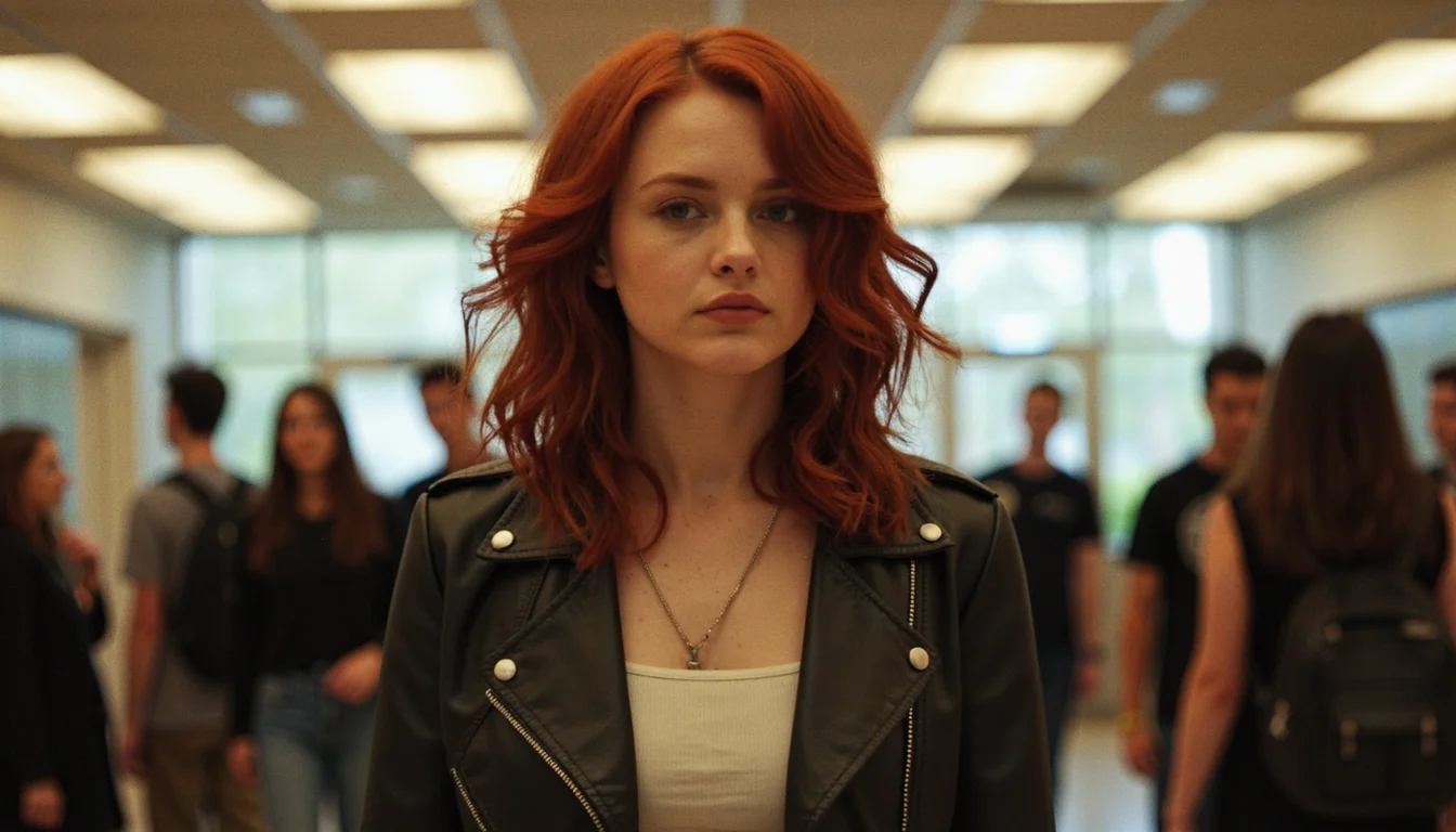 hip level, cinematic, dramatic, from the movie "The DUFF" (2015), Captured in a bustling high school setting, this young woman commands the scene with her striking red hair and a stylish leather jacket, the quintessential rebel's uniform reminiscent of characters from the film "The Breakfast Club." Her confident stride and pensive expression suggest a depth of character similar to Shailene Woodley's portrayal in "The Fault in Our Stars," embodying the complex nature of modern youth. The soft lighting of the institutional setting bathes her in a gentle glow, a visual focus that might be found in the works of Sofia Coppola, emphasizing the personal journey amidst the broader narrative of adolescence. , "cute black woman wearing a gold glowing corset dress, fantasy, intricate, highly detailed, digital painting, artstation, concept art, wallpaper, smooth, sharp focus, illustration, liquid gold