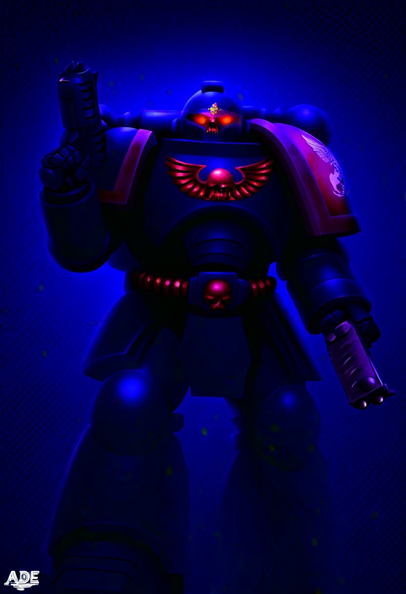 Score_9_up, absurdres, source: GamesWorkshop, grimdark, gothic horror, an adeptus astartes Ultramarines space marine in armor and helmet wielding a melta