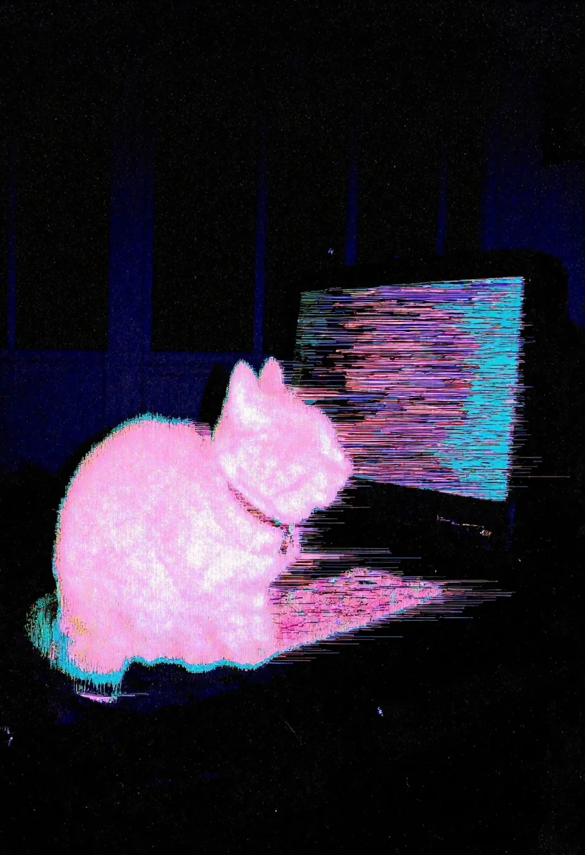 Circuit-bent/glitch art photograph showing a cat sitting on a table next to a monitor, interior setting with low ambient lighting, cat facing left with a visible collar, expression obscured by lighting, window and dark wall in the background, angled from below with the focus on the cat, original colors muted by lighting, main distortion type vertical color banding, dominant color shifts in pastel pink and blue, key glitch patterns include horizontal lines and blurred edges, moderate digital corruption, 