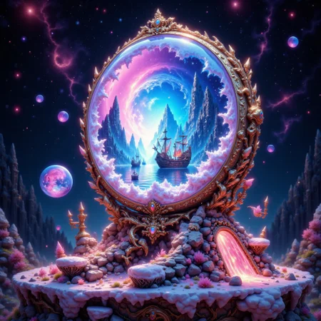 bo-exposure, pinketherealmj, a crystal ball showing A beautiful magical ocean inside, with a fleet of fantasy style mini viking ships. The crystal ball is floating inside a colorful cosmic storm on space, magical glow, internal glow, magic, fantasy, glowing, colorful,