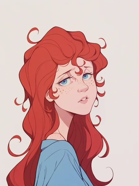 score_9, score_8_up, score_7_up, score_6_up, score_5_up,  <lora:TLUXLP:1> tlu, 1girl, red hair, freckles, long hair, blue eyes,