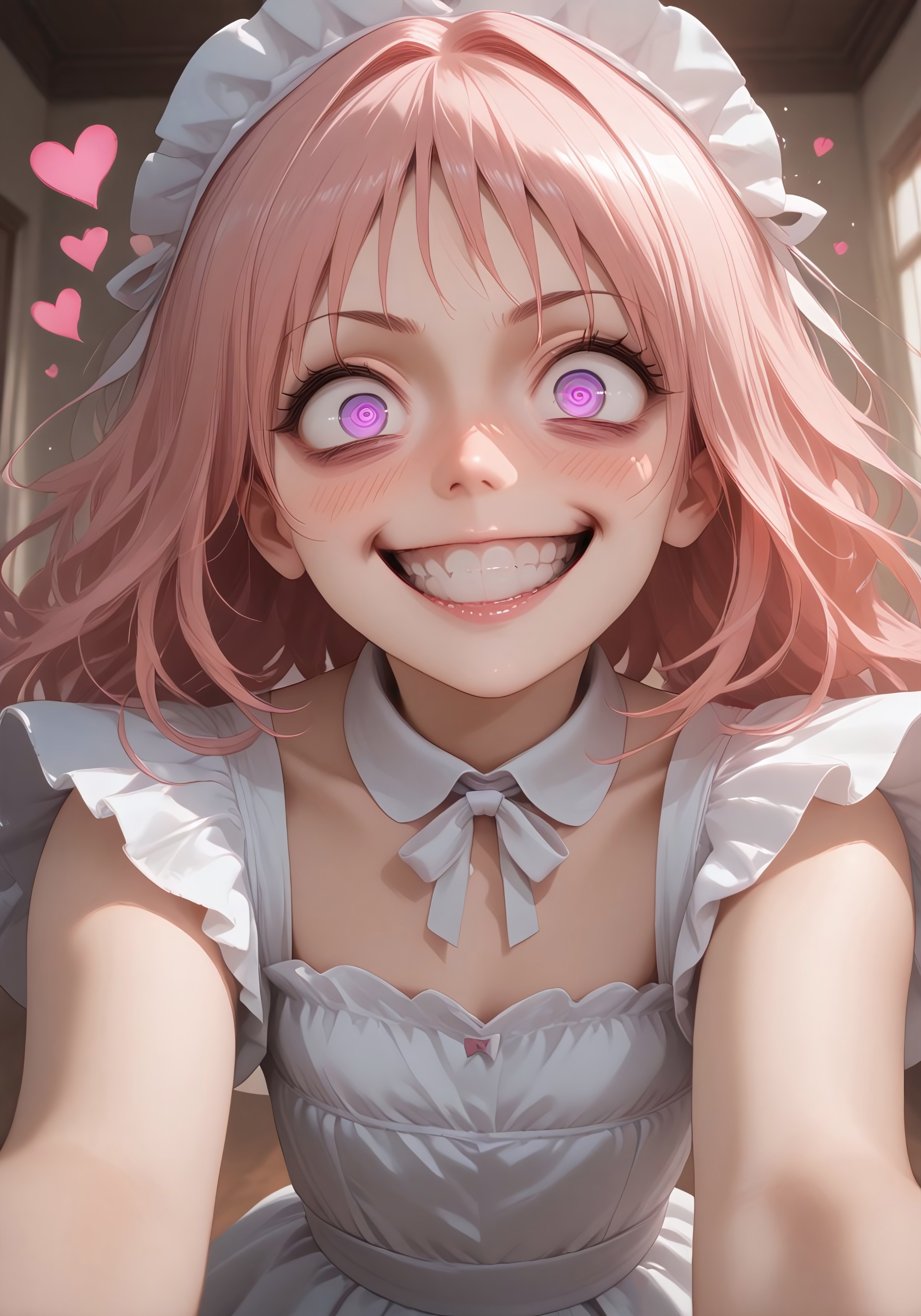 Stable_Yogis_PDXL_Positives, masterpiece, high_quality, highres, flat_colors, gradient, long_lashes, blush, looking_at_viewer, dynamic_angle, cinematic, side_view, hearts, ethereal_aura, uwu, big_eyes, crazy eyes, yandere, crazy grin, crazy expression, open arms, hearts