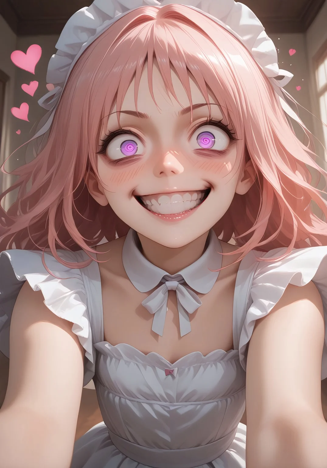 Stable_Yogis_PDXL_Positives, masterpiece, high_quality, highres, flat_colors, gradient, long_lashes, blush, looking_at_viewer, dynamic_angle, cinematic, side_view, hearts, ethereal_aura, uwu, big_eyes, crazy eyes, yandere, crazy grin, crazy expression, open arms, hearts