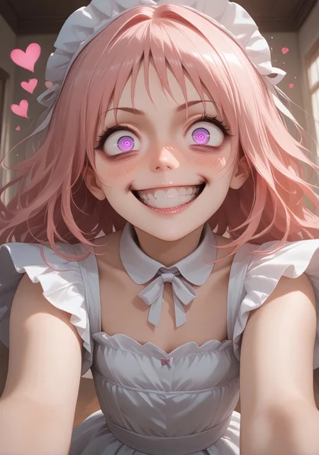 Stable_Yogis_PDXL_Positives, masterpiece, high_quality, highres, flat_colors, gradient, long_lashes, blush, looking_at_viewer, dynamic_angle, cinematic, side_view, hearts, ethereal_aura, uwu, big_eyes, crazy eyes, yandere, crazy grin, crazy expression, open arms, hearts