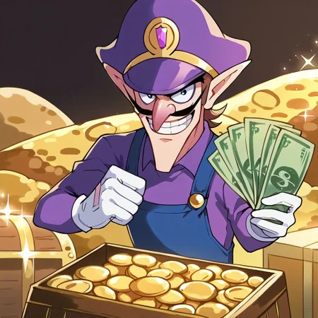 score_9, score_8_up, score_7_up, source_anime, rating_safe, SFW, solo, 1girl, masterpiece, very aesthetic, absurdres, recent, anime screenshot, flat coloring, BREAK  <lora:ChamWaluigiPonyXL:0.8> waluigi, mustache, 1boy, teeth, hat, gloves, brown hair, pointy ears, white gloves, overalls, smile, long sleeves, purple headwear, grin, open mouth, purple shirt, pants, sitting on a treasure chest holding money,  <lora:gangstersb-guy-PONYv1:0.65> gangstersb, solo, holding, money, smile, holding money, <lora:treasure xl v1:0.65> treasure-room, treasure chest