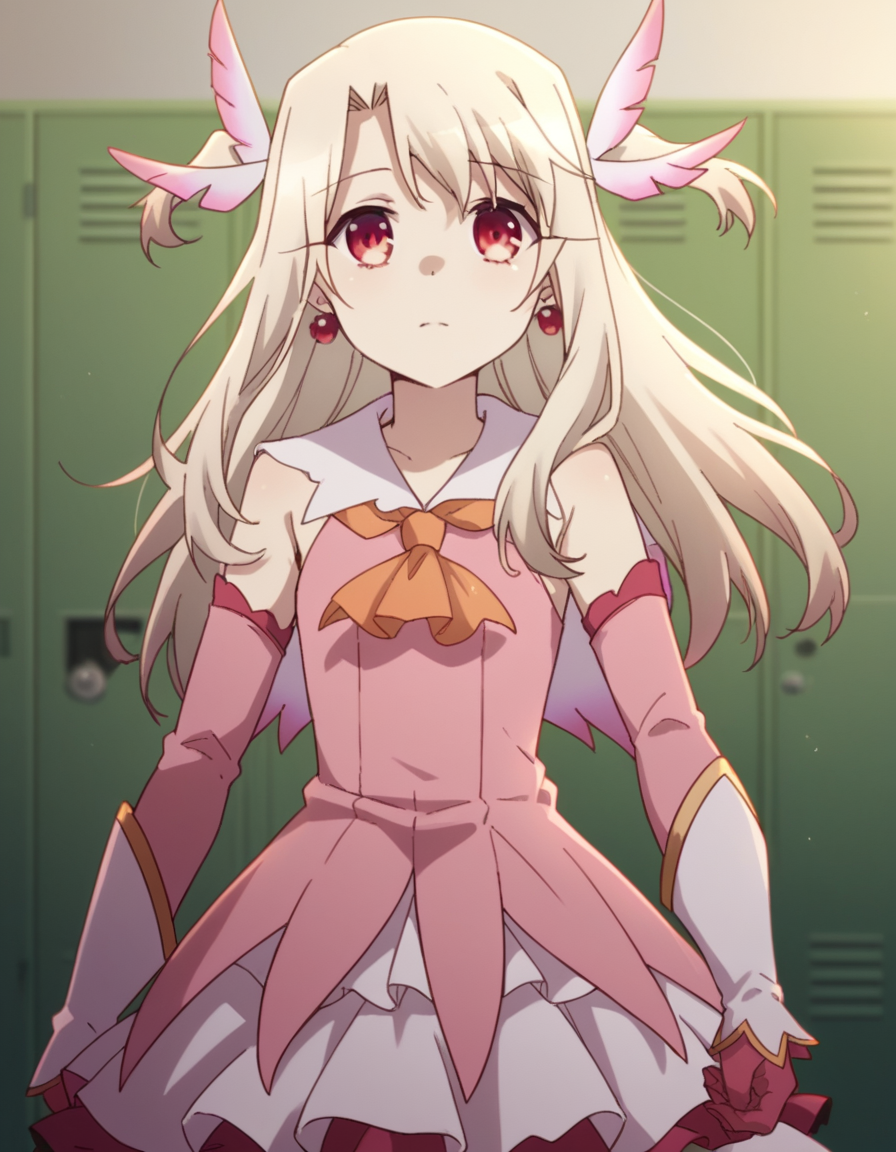 score_9, score_8_up, score_7_up, source_anime, <lora:illyasviel-von-einzbern-prisma-s2s3-ponyxl-lora-nochekaiser:1>,, illyasviel von einzbern, long hair, blonde hair, red eyes, parted bangs,, hair ornament, gloves, dress, jewelry, earrings, detached sleeves, ascot, magical girl, feathers, pink dress, feather hair ornament, prisma illya,, school hallway, lockers, between classes, everyday life, , , hand holding a cup, solo,, cowboy shot, dutch angle