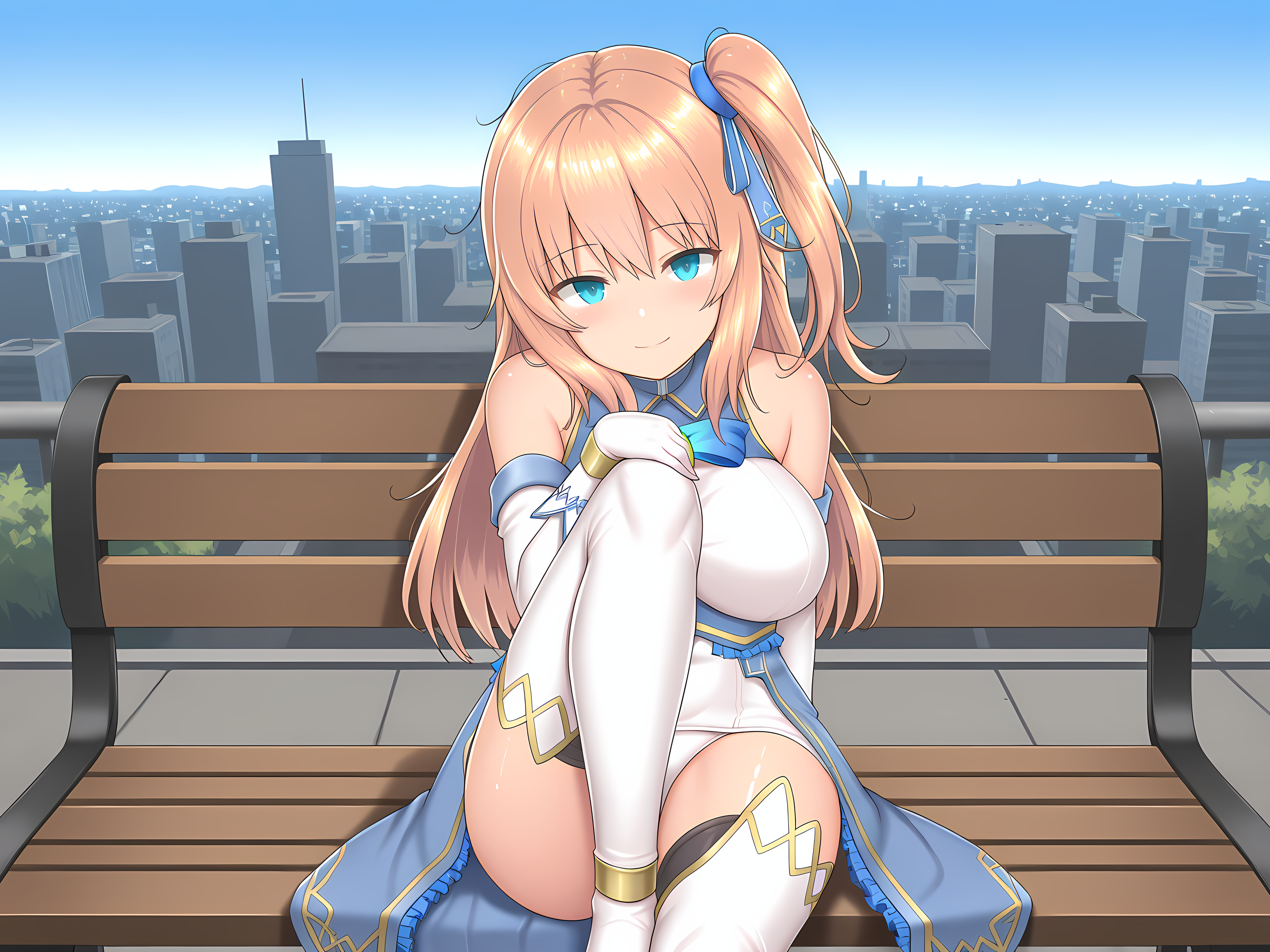 1girl,celesphonia,mgc outfit,long hair,large breasts,outdoors,<lora:Celesphonia_and_Selenoxia:0.8>,cityscape,bench,sitting,leg up,head on knee,smile,looking at viewer,, masterpiece,best quality,amazing quality,