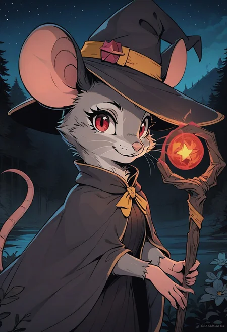 score_9, score_8_up, score_8,
[][][]
(((mouse))), ((feral)), female, solo, (fluffy), (fluffy cheeks:0.7), (cute)
[][][]
flat color, in the style of Beatrix Potter,
[][][][][]
(black dress, witch hat), grey fur, (black ears), red eyes, (side view:0.8), outdoors, standing, (upper body shot, head focus, close up), holding magic staff, look at viewer, night, stars, (cool color pallet), (evil expression:1.2), forest,