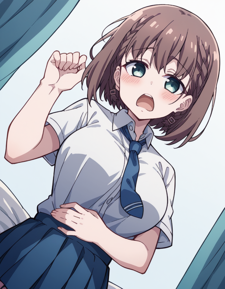 score_9, score_8_up, score_7_up, source_anime, <lora:tawawa-ai-s1-ponyxl-lora-nochekaiser:1>, ai, short hair, brown hair, green eyes, braid, side braid, large breasts,, skirt, shirt, jewelry, school uniform, white shirt, short sleeves, pleated skirt, earrings, necktie, collared shirt, blue skirt, blue necktie,, bedroom, alarm clock, morning routine, yawning, stretching, on bed,, , looking at viewer, hand on stomach, blush,, solo,, cowboy shot, dutch angle
