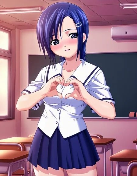 masterpiece, best quality, amazing quality, very aesthetic, absurdres, official art, ultra detailed,
1girl, solo, ayukawa_kana, blue hair, short hair, hairclip, blue eyes BREAK
white shirt, short sleeves, blue pleated skirt, blush, seductive smile, parted lips, looking at viewer,
standing, pinup, heart hands,
in classroom, cowboy shot, sharp focus, depth of field, highly detailed
<lora:ayukawa kana v1.0-000016:1>