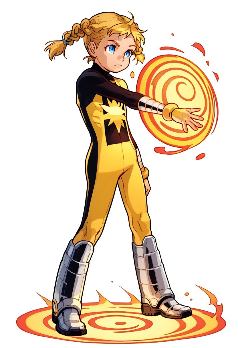score_8, score_8_up, score_7_up, in kinu-sensei artstyle, 1girl, solo, female focus, Katie_PP, blue eyes, blonde hair, twintails, short twintails, twin braids, flat chest, Power Pack uniform, asymmetrical clothes, star (symbol), ener_logo, print bodysuit, yellow bodysuit, black bodysuit, bracers, metal bracers, knee boots, metal boots, full body, standing, rainbow, simple background, white background, Energy ball, glowing hand,