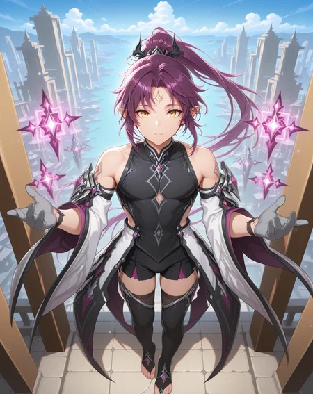 masterpiece, amazing quality, best quality, absurdres, very aesthetic,
1boy, solo, yaoi, male focus, full body, from above, standing, looking at viewer, face focus,
<lora:Veigas_FSI_ilxl:1> veigasfsi, black gloves, forehead mark, pointy ears, purple hair, high ponytail,yellow eyes, floating hair,
cube, black thighhighs, toeless legwear, black shorts, grey gloves, detached sleeves, wide sleeves, floating object,
outdoors, day, blue sky,