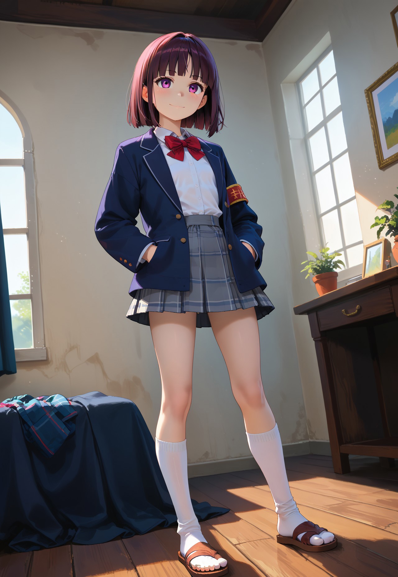 score_max, (score_9, score_8_up, score_7_up:1.2), score_6_up, official art, masterpiece, zPDXL3, absurdres, high detail, 8k,
indoors, standing, light smile, blush, 1girl, akisa, school uniform, blazer, armband, long sleeves, sleeves past fingers, red bowtie, white shirt, pleated skirt, plaid skirt, grey skirt, white socks, sandals, PRSNL_3_1 (petite, flat chest, skinny:1.2), little, girl, cute, innocent, thin, petite, small, oversized clothes, Dutch angle