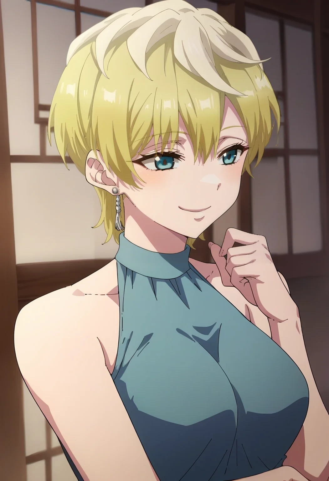 <lora:Tenka Izumo:1> tenka izumo, blonde_hair, short_hair, blue_eyes, 1girl, solo, earrings, jewelry,large_breasts , smile , dress, bare_shoulders,, sleeveless,, score_9, score_8_up, score_7_up, score_6_up, score_5_up, score_4_up , anime coloring ,BREAK source_anime, anime