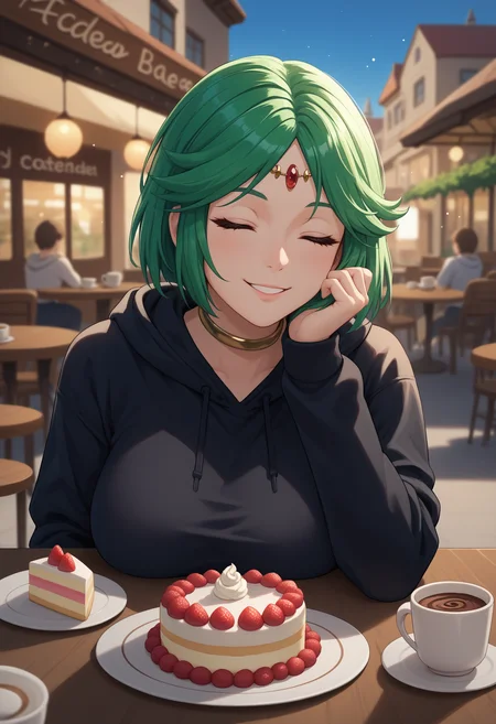 score_9, score_8_up, score_7_up, 1girl, plutena, green hair, parted bangs, large breasts, forehead jewel, diadem, neck ring, gold choker, <lora:Palutena_pdxl_Incrs_v1:1>, outdoors, seductive smile, happy, closed eyes, pov across table, cafe, coffee, cake, food, table, street, lamppost, elbow rest, black hoodie, blurry background, bokeh,