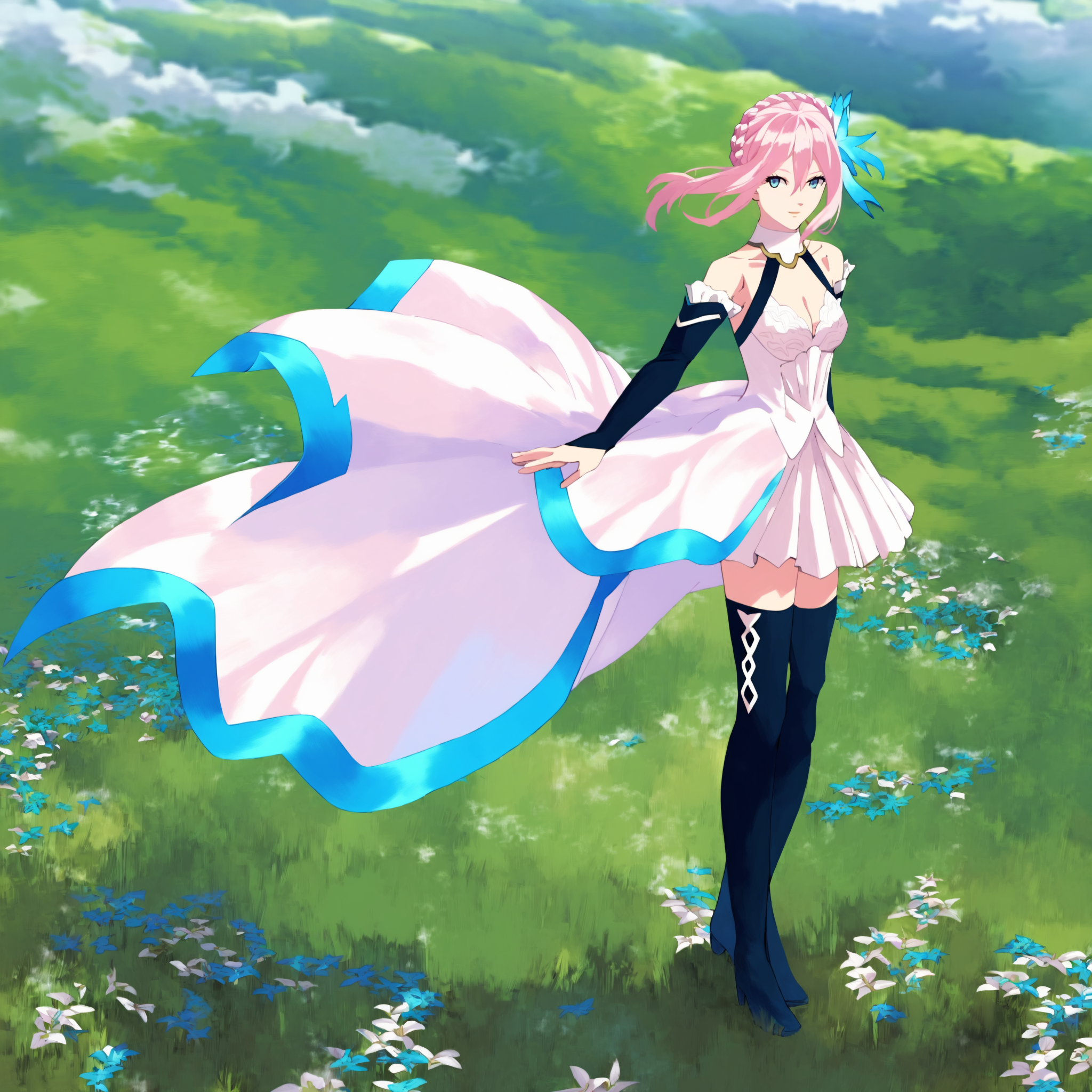 <lora:Shionne_V2:1>, masterpiece, score_9, Score_8_up, Score_7_up,  best quality, very aesthetic,   15 shionne 01b weddingdress, shionne 01b, pale skin, long hair, (blue eyes), wedding dress 1girl, solo, breasts, 1Girl, hair ornament, thighhighs, dress, bare shoulders, full body, pink hair, braid, detached sleeves, black thighhighss   <lora:detailed_backgrounds_v2:1> (scenery:1.3),  backgrounds scenery, complex background, grass, cloud, flowers,  looking at viewer, cowboy shot, (close up shot:1.4)
