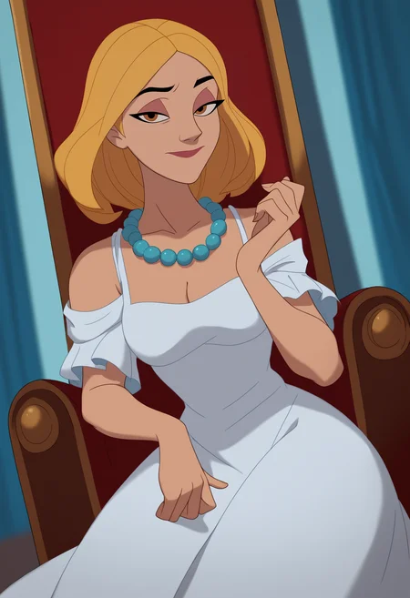 score_9, score_8_up, score_7_up, score_6_up, score_5_up, score_4_up, rating_safe, flat color, BREAK
1girl, falin thorden, dress, jewelry, white dress, looking at viewer, solo, blonde hair, necklace, sitting, beads, bead necklace, pearl necklace, brown eyes, yellow eyes, smile, short hair, curtains, closed mouth, medium hair, hand up, throne
<lora:Inusen_style_pony:1>