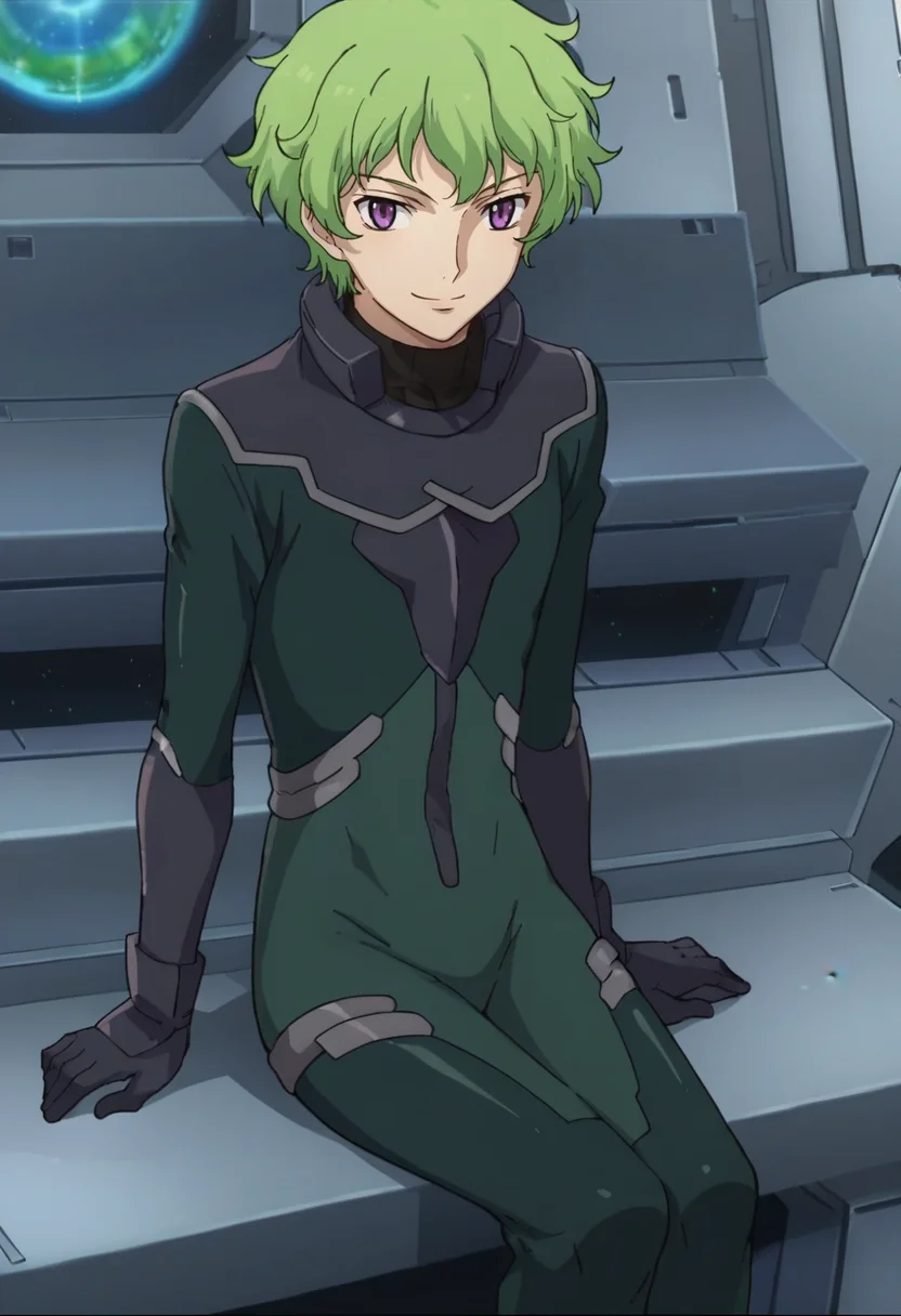 score_9,score_8_up,score_7_up,anime coloring BREAK source_anime,anime,<lora:Hiling_Care_Gundam_00_Pony:0.8>,hiling,1other,solo,green hair,short hair,purple eyes,pilot suit,smile,sitting,spacecraft,looking_at_viewer,