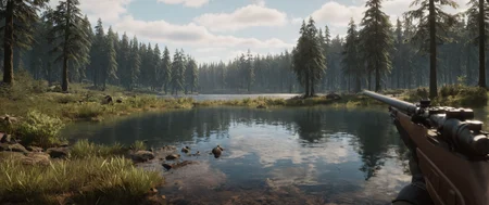 cinematic film still of <lora:add-detail-xl:1>
<lora:Unreal Engine style:1> In Unreal Engine style, sharp detailed photo of
<lora:Modern Warfare style:1>
POV point of view a rifle is pointed at a lake in a forest modern warfare style,outdoors,sky,day,cloud,signature,water,tree,no humans,animal,cat,cloudy sky,grass,nature,scenery,black cat, shallow depth of field, vignette, highly detailed, high budget, bokeh, cinemascope, moody, epic, gorgeous, film grain, grainy