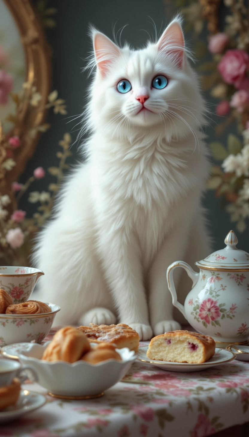 pinkfluxproultrafantasia, 
A white Persian cat with piercing blue eyes sitting beside a tea set, surrounded by pastries and vintage porcelain.