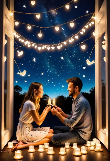 valentines day, handmade, candlelit, string lights, lovebirds, starry night sky, enchanting stargazing session, candlelight <lora:released\DonM3t3rn1tyXL-v1.1-000008:0.8>
