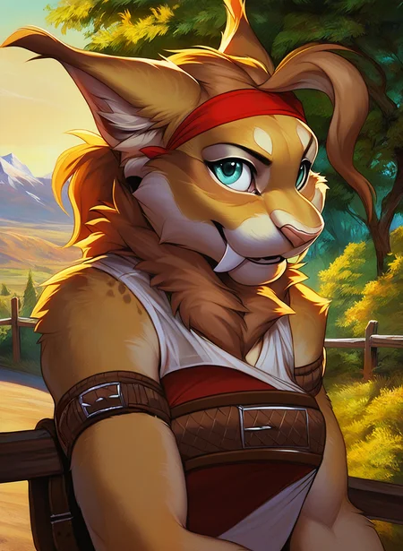 <lora:doubletroublexl:0.86> doubletroublexl, jade (kabscorner), 1girl, lynx, source_furry, realism, cowboy shot, belt across breasts, white and red shirt, headshot, upper body, face focus, solo, pulling on headband, female focus, happy, tan fur, red headband, short blond hair with fringe, white and red tank top, brown leather boob strap, thigh and arm straps, green outdoors background with trees and a wooden fence fence, clearing, road, building, detailed fur,
score_9, score_8_up, score_7_up, <lora:incase---1:0.7>