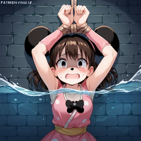 score_9, score_8_up, score_7_up, score_6_up, score_5_up, score_4_up,  1girl,  <lora:water_torture:1>bound, water, arms up, minnie_mouse,scared, shaded face, worried, tears, , blush