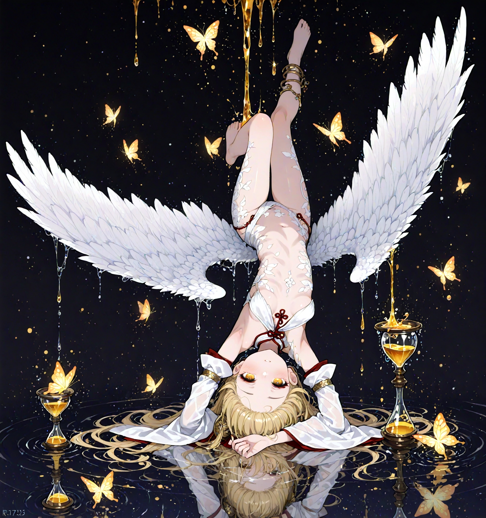 masterpiece, best quality, amazing quality, very aesthetic, perfect eyes,((r17329_illu)) , 2boy,1girl, no_breasts,
, questionable,explicit,hair_ornament,A surreal image of a floating, upside-down hourglass where the sand consists of shimmering metallic butterflies. As the sand flows upward, the butterflies flutter their wings, breaking apart into smaller particles of stardust. The hourglass floats in the center of a vast, liquid-like sky, with ripples of light radiating outward from the hourglass. The entire scene is bathed in ethereal light, with hints of glowing, molten gold swirling in the background. The perspective is slightly tilted, giving a disorienting yet mesmerizing effect.    <lora:dark_fantasy_flux:0.83> <lora:FredFraiStyle-FLUX-Share:0.63> <lora:sxz-Dark-Fantasy-v2-Flux:0.33> drkfnts style, <lora:flux.1_lora_flyway_Epic-Characters_v1:0.43>
