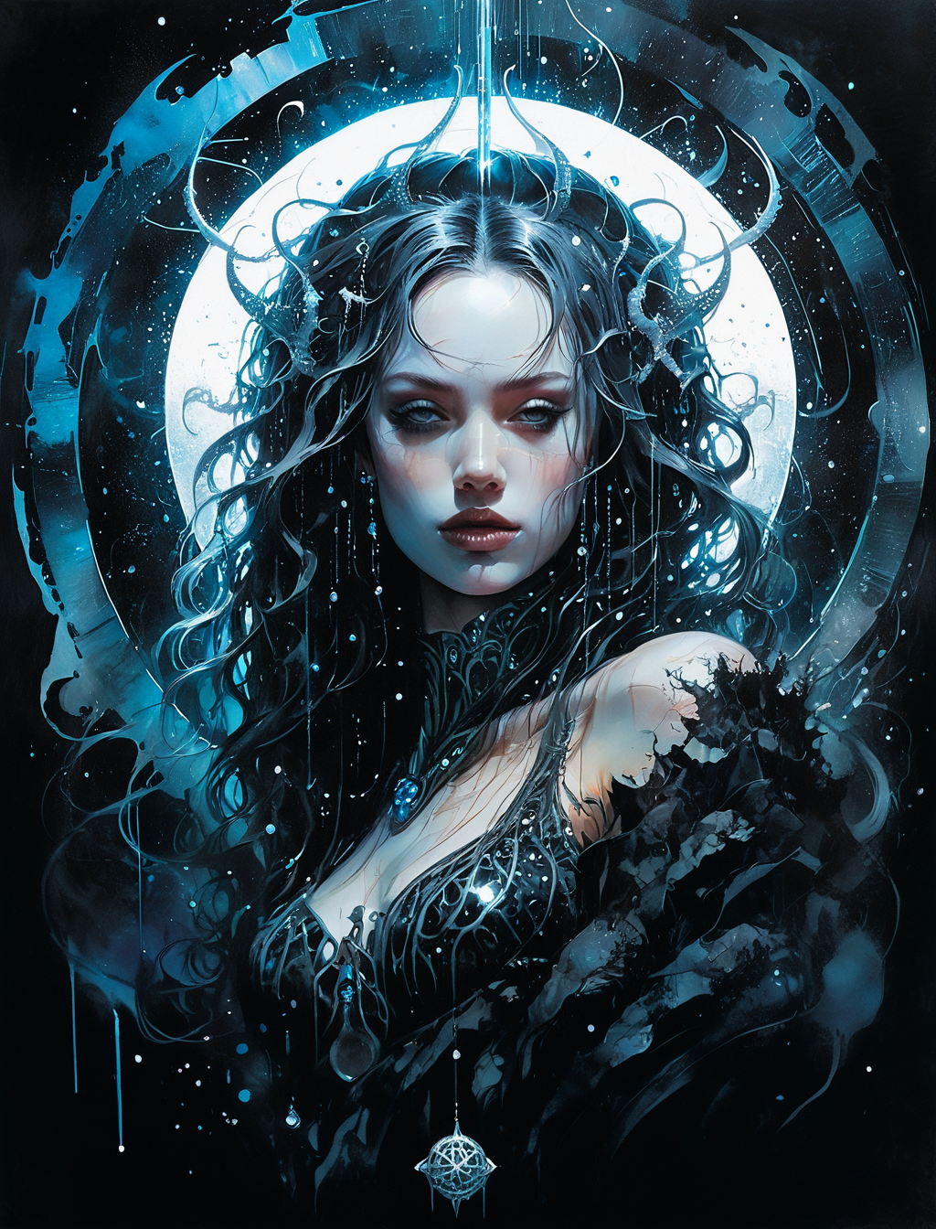 ((style of Philippe Druillet:Bastien Lecouffe-Deharme)), (abstract:1.4), (surreal:1.4), floating in black void, event horizon, crystalline halo, geometric, glitter,  you can't take the sky from me, submerged desolation, angular brush, (intricate), (volumetric lighting), dazzling, (professional watercolor painting:1.2), faceless shape, bust, thorny tentacle hair, holding perfect orb in hands, <lora:SDXL_neg4all xl v9.1:1>,  <lora:g0th1cPXL:1>
