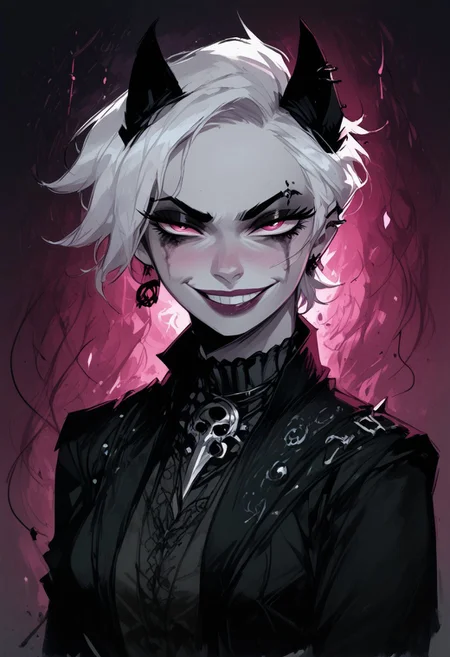 score_9, score_8_up, score_7_up, BREAK, 1woman portrait, beautiful, dramatic lights (( seductive, seductive look, goth, goth girl, goth makeup, animal ears, pink eyes, white colored skin, white hair, short hair, happy, smug))
<lora:Fant5yP0ny:0.6> <lora:fantasy_world_pony:0.9>
<lora:Cherry-Gig:0.55>
