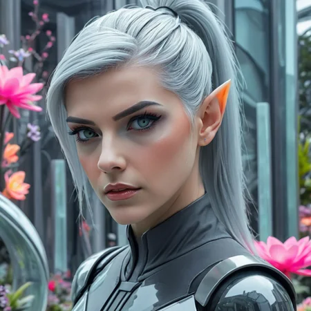 "An upper body photo of a futuristic elven warrior princess with sleek, silver hair pulled back into a high ponytail, accentuating her sharp, pointed ears. Her piercing blue eyes are framed by bold, angular makeup, giving her an intense and determined look. She is dressed in a high-tech, metallic armor suit that blends seamlessly with her sleek appearance, featuring streamlined lines and advanced materials. The background is a modern, technologically advanced city with metallic structures and vibrant, neon-colored flowers, creating a striking contrast between nature and technology."
