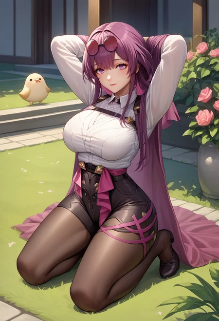 score_9, score_8_up, score_7_up, source_anime, <lora:Kafka-000008:1>, kafkadef, 1girl, solo, purple eyes, bangs, arms behind head, full body, kneeing, collared shirt, japnese garden, pound, eyewear on head, purple gloves, white shirt, large breasts, purple eyes, high-waist shorts, pantyhose, black_shorts