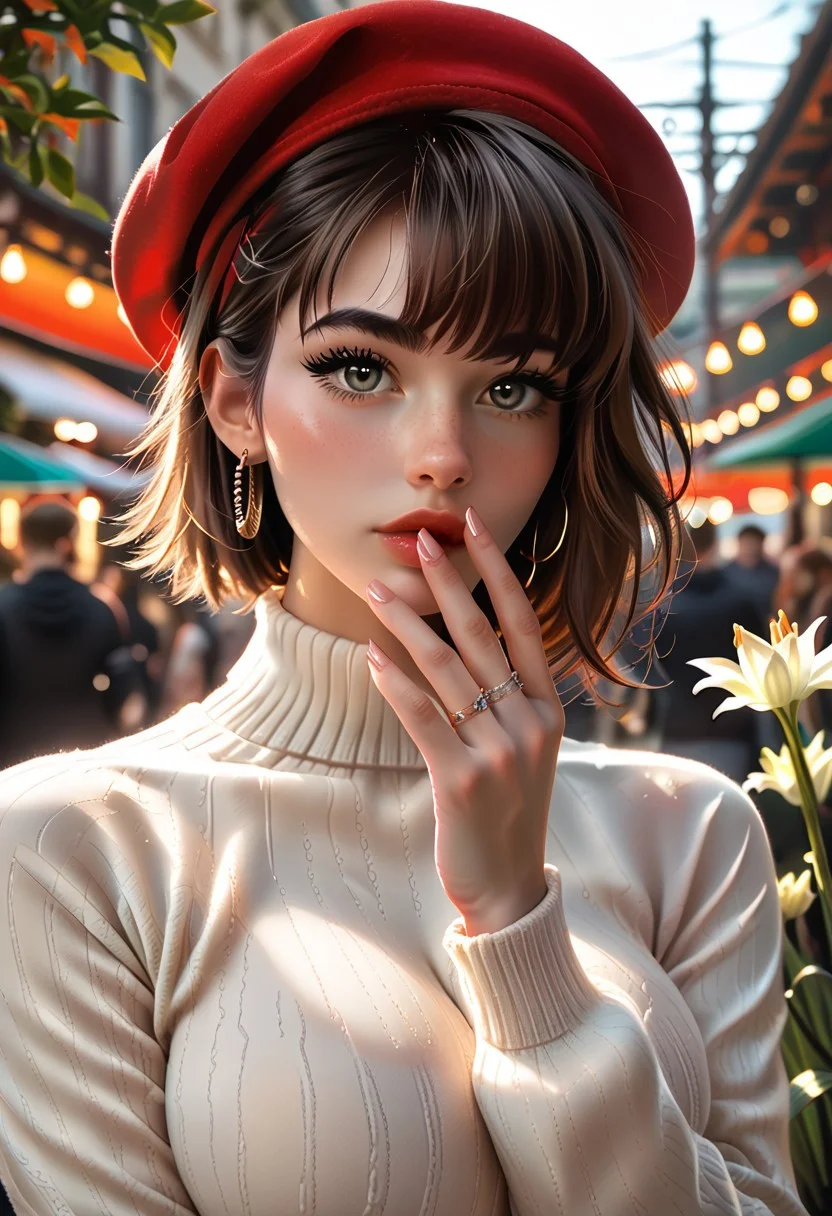 score_9, score_8_up, score_7_up, score_6_up, score_5_up, score_4_up, Cinematic Lighting, Volumetric Lighting, Bloom, Post Processing, Perfest Anatomy, Extermy Ely Detailed Eyes and Face, Perfect Eyes.
1girl, Solo,
dark brown hair, dark red hair,gray eyes,plump lips(((extremely short hair, tomboy hairstyle))), (((tall female))), (((very big eyes))),dark lips,
slim figure, narrow waist, wide hips , (big breasts:1.1), perfect round butt,
-clothes-Low warm sweater with open shoulders and neck, red beret, small earrings, simple ring on finger.
BREAK
girl stands sideways to the viewer, looking at the viewer, ((Holding a flower in her hands - a lily))((holding, Covering mouth with a lily. covering mouth, lily,))((bright blush))
Spring park, on the street, a large monument in the background, many flowers, yellow sun, rays of light, sky,
Close-up.
Focus on the face.
(realistic style photo),dynamic lighting, warm lighting, dreamy lighting, realistic volumetric lighting <lora:detailed_notrigger:1> <lora:DandonFuga_Style_v.2_-_Pony:0.65>