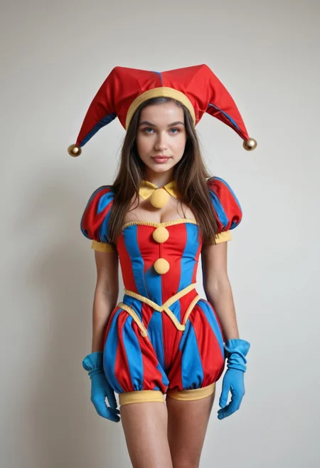 <lora:Coll-PomniXL_1672540:1> 1girl, blue eyes, blue gloves, coll-pomni, gloves, hat, jester cap, long hair, looking at viewer, puffy short sleeves, puffy sleeves, solo