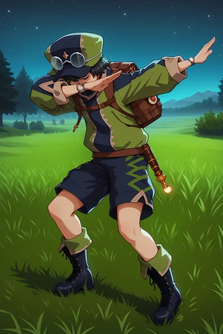 score_9, score_8_up, score_7_up, detailed face, masterpiece, best quality,
outside, grass, at night, night,
<lora:Jean_Fire_Emblem_Engage:.8>
1boy, solo, bag, shorts, night, cross-laced footwear, hat, boots, goggles, standing, backpack, black hair, lace-up boots, full body,
<lora:EPdab:1> EPdabbing, outstretched arm, covered face,, closed eyes,, standing on one leg, standing, squatting, split